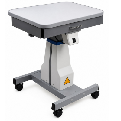 Motorized ophthalmic instrument table with built-in storage drawer for eye clinic diagnostic devices.