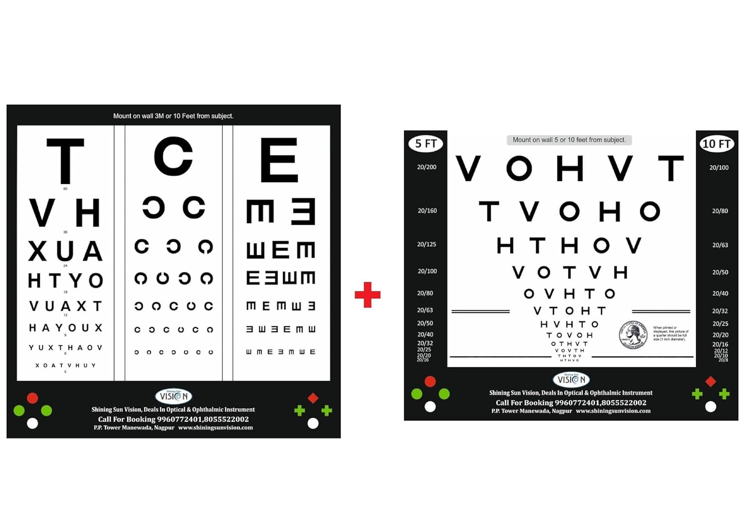 Combo pack of 2 non-reflecting matte finish eye test chart paper posters featuring English alphabets, Landolt C, and Tumbling E symbols for 5ft and 10ft vision testing.