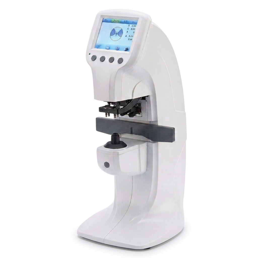 Front view of the D 900 Auto Lensmeter, a white medical ophthalmic equipment device featuring a built-in color touch screen displaying diagnostic data on a clean white background.